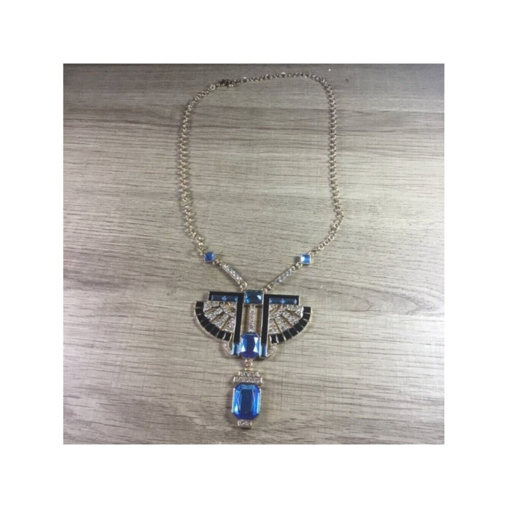 Bohemian Egyptian Elegant Blue and Gold Rhinestone Winged Statement Necklace